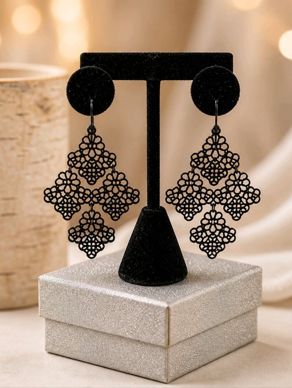 Black Laser Cut Diamond Shaped Hook Long Dangle Earrings